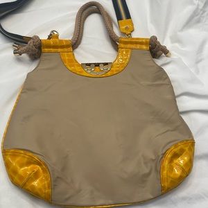 Tory Burch Handbag Embossed Leather Trim Beige Yellow